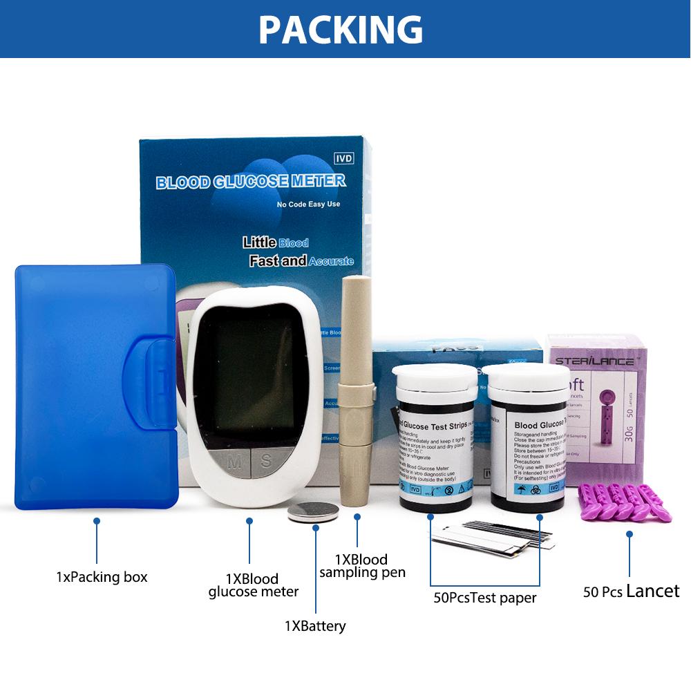 Blood Glucose Meter Glucometer Kit with test strips and lancets, designed for home diabetes testing.