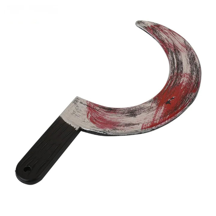 A collection of bloody Halloween props including a knife, chopper, sickle, and axe, showcasing realistic blood-stained details.