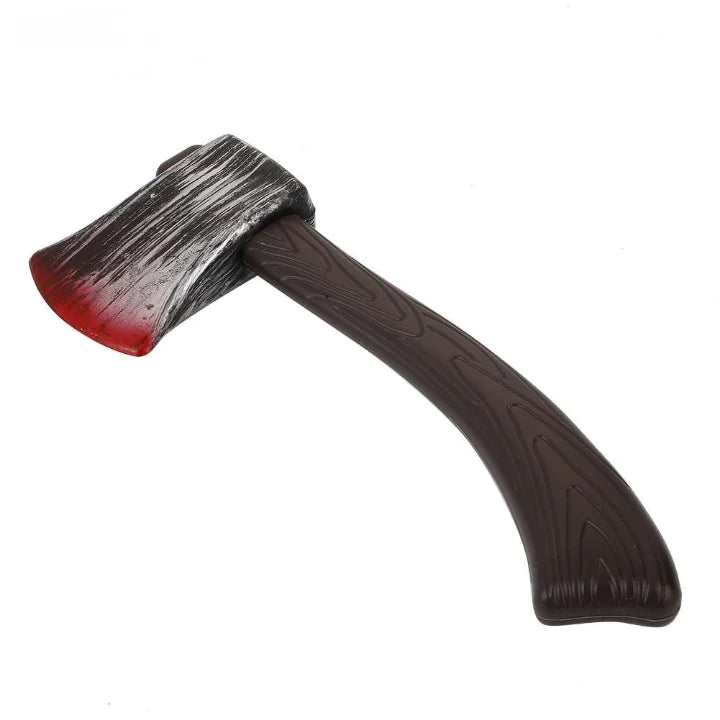 A collection of bloody Halloween props including a knife, chopper, sickle, and axe, showcasing realistic blood-stained details.