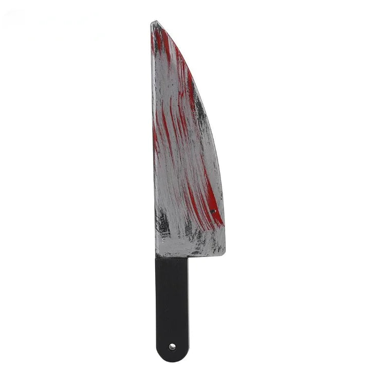 A collection of bloody Halloween props including a knife, chopper, sickle, and axe, showcasing realistic blood-stained details.