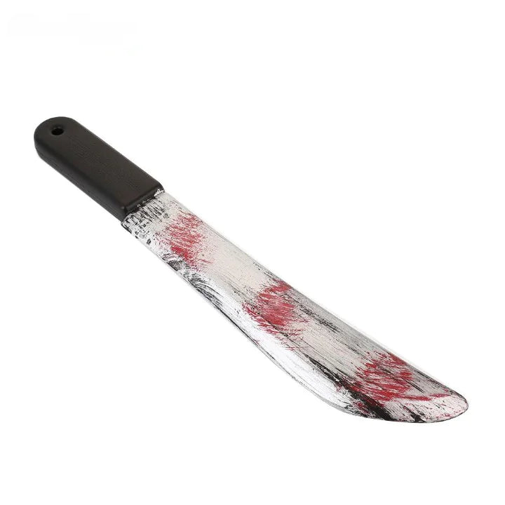 A collection of bloody Halloween props including a knife, chopper, sickle, and axe, showcasing realistic blood-stained details.
