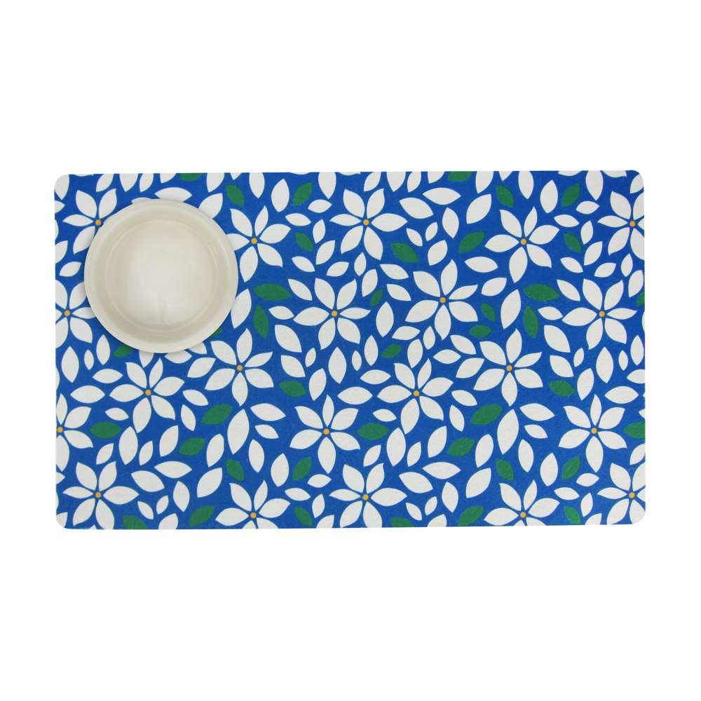 Blue Floral Dog Mat with slip-resistant design, perfect for food and water bowls.