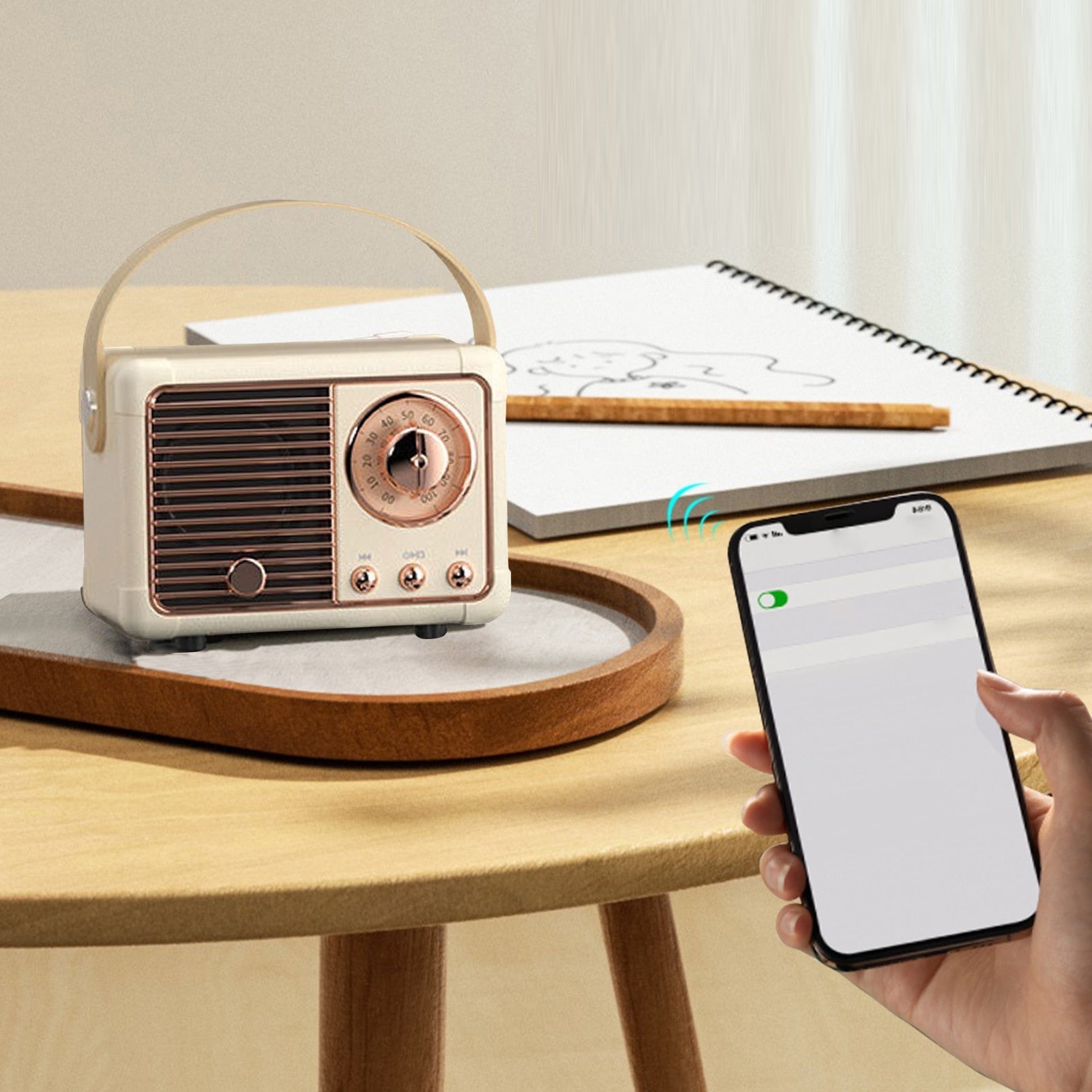 Bluetooth Compact Retro Speakers with FM radio, showcasing a vintage design and compact size, perfect for portable use.