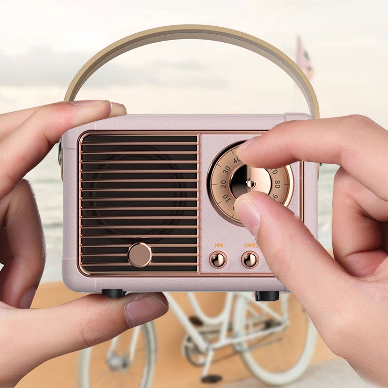 Bluetooth Compact Retro Speakers with FM radio, showcasing a vintage design and compact size, perfect for portable audio enjoyment.