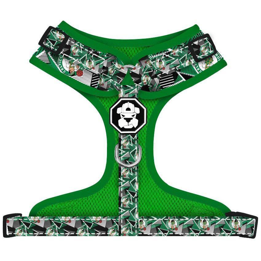 Boston Celtics x Fresh Pawz Adjustable Mesh Harness featuring breathable mesh and reflective stitching, designed for comfort and safety.