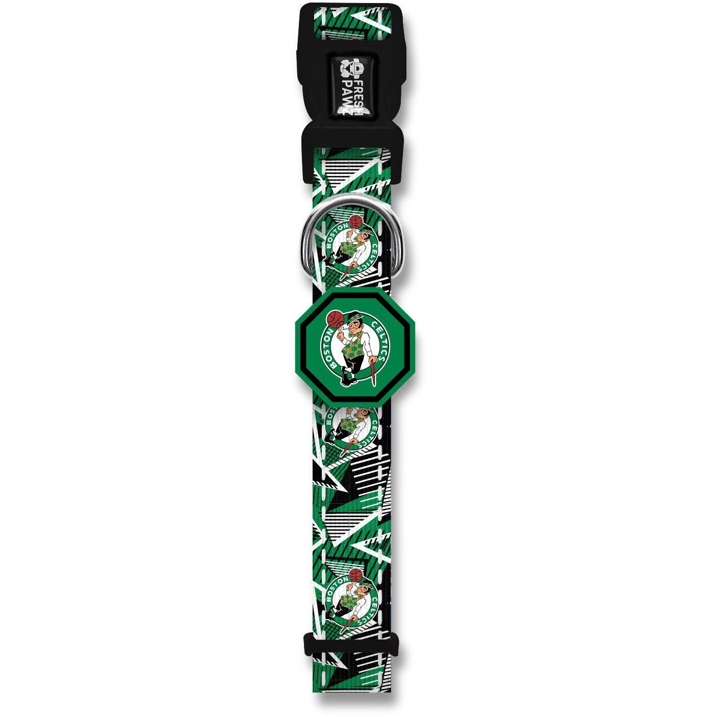 Boston Celtics x Fresh Pawz Hardwood Collar featuring green, black, and white colors with neoprene padding and a secure buckle.
