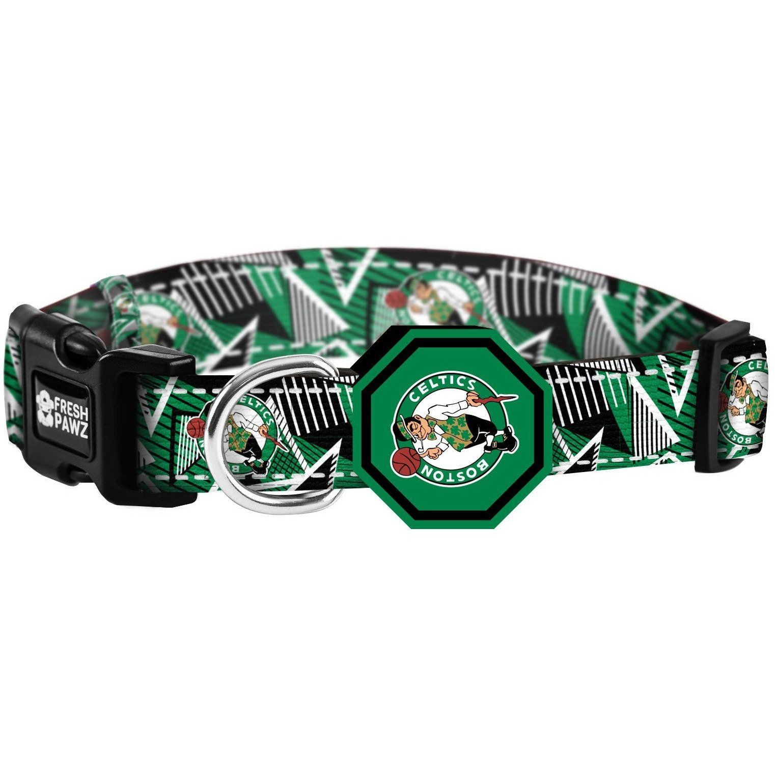 Boston Celtics x Fresh Pawz Hardwood Collar featuring green, black, and white colors with neoprene padding and a secure buckle.