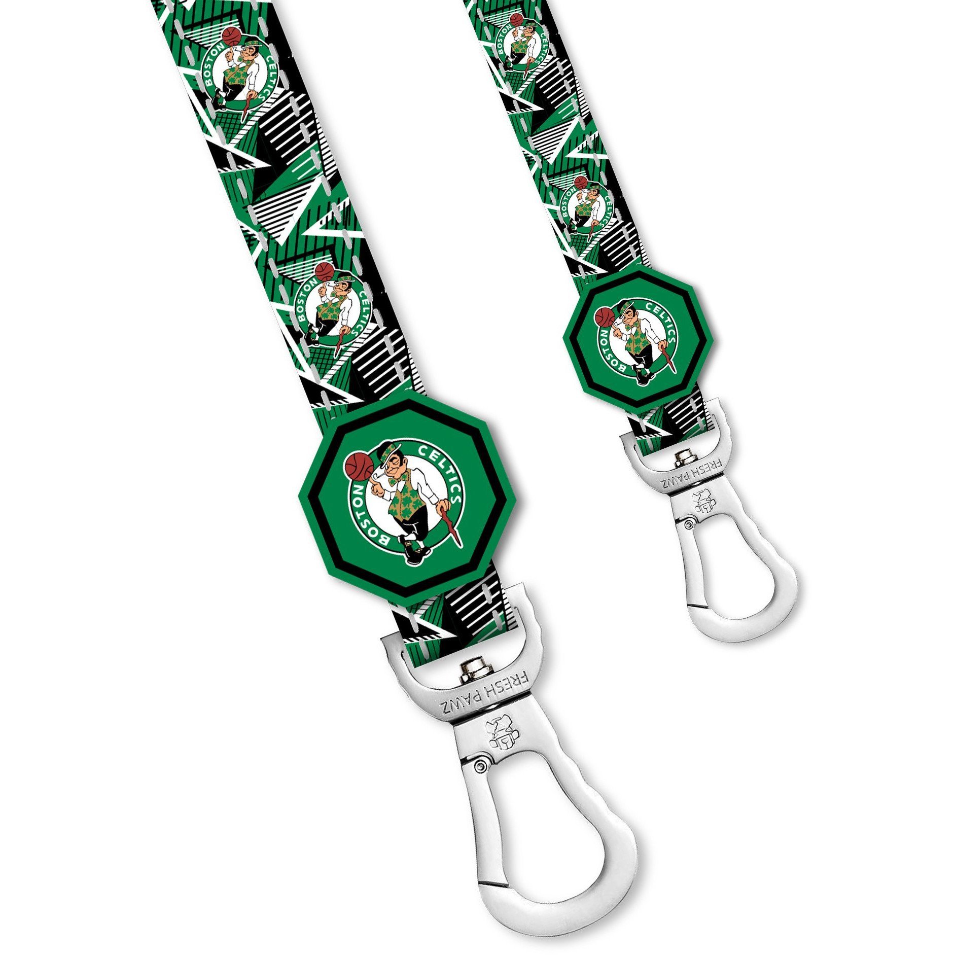 Boston Celtics x Fresh Pawz Hardwood Leash featuring green and white colors, neoprene padded handle, and reflective stitching for safety.