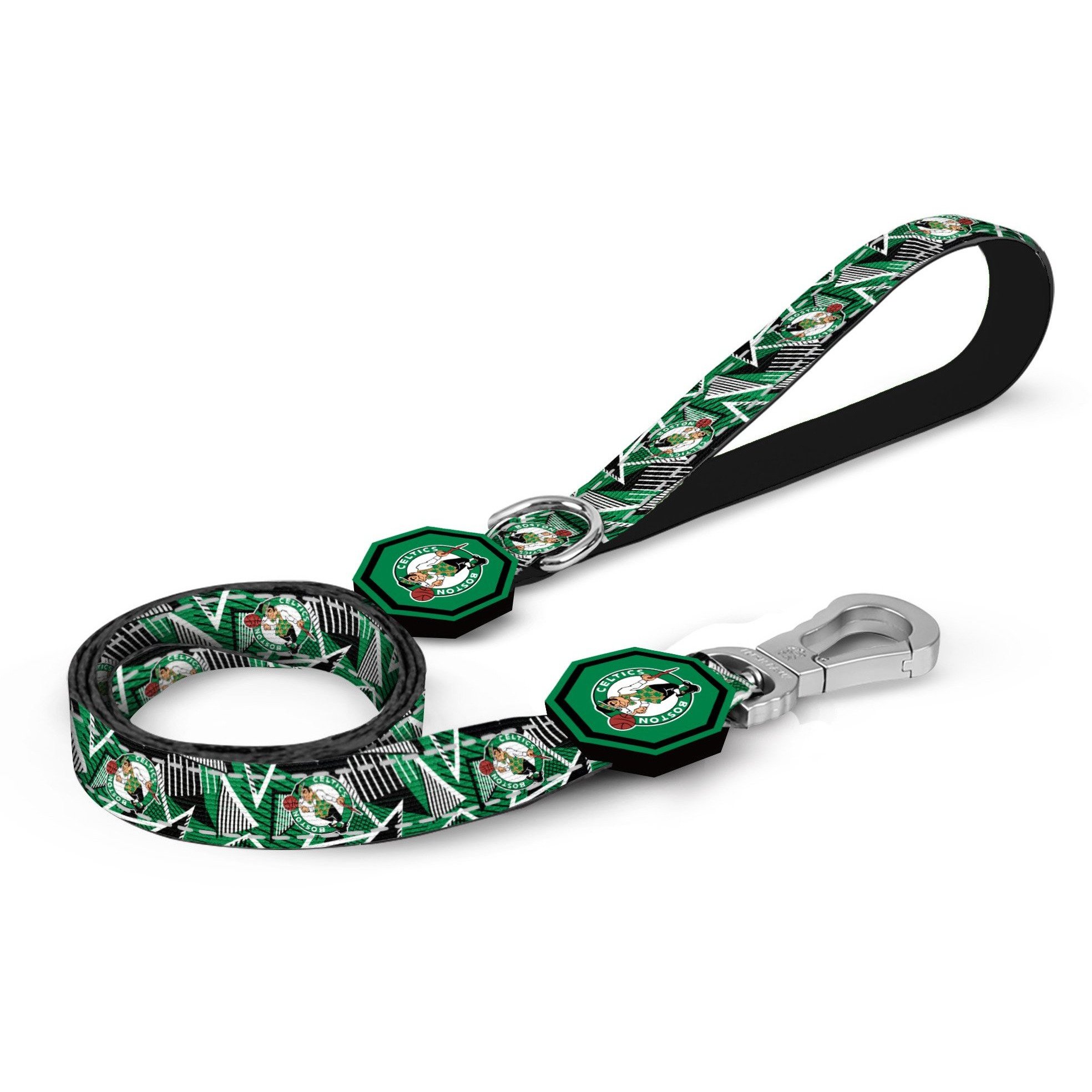 Boston Celtics x Fresh Pawz Hardwood Leash featuring green and white colors, neoprene padded handle, and reflective stitching for safety.
