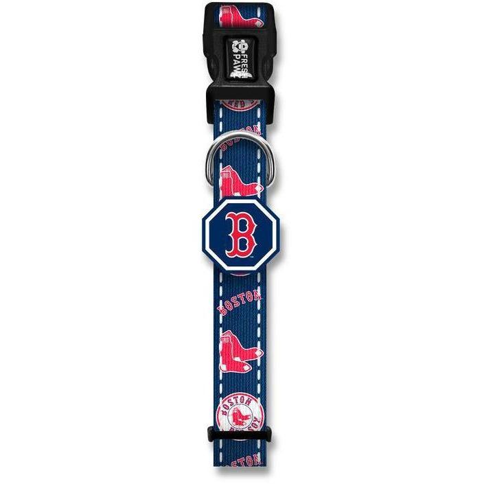 Boston Red Sox x Fresh Pawz dog collar featuring red and blue colors, neoprene padding, and branded buckle for safety.