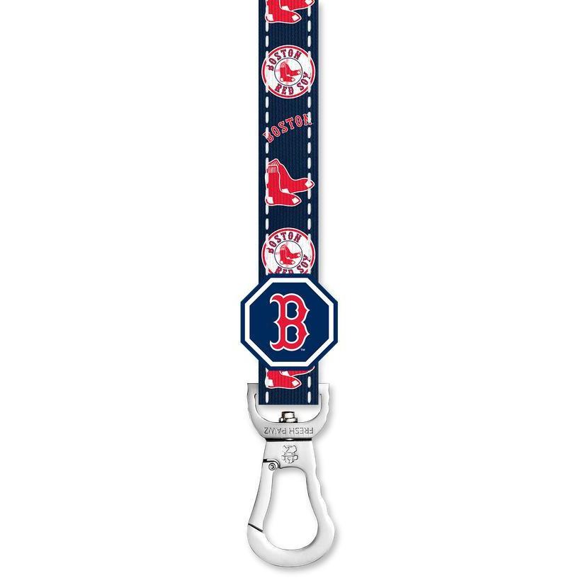Boston Red Sox x Fresh Pawz leash featuring red and blue colors, padded handle, and durable D-ring for strong dogs.