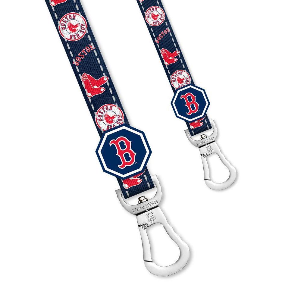 Boston Red Sox x Fresh Pawz leash featuring red and blue colors, padded handle, and durable D-ring for strong dogs.