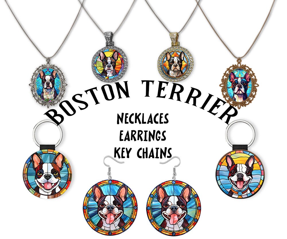 Stained glass style jewelry featuring Boston Terrier designs in silver and gold, including necklaces and earrings.