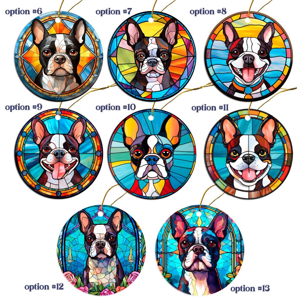 Stained glass style jewelry featuring Boston Terrier designs in silver and gold, including necklaces and earrings.