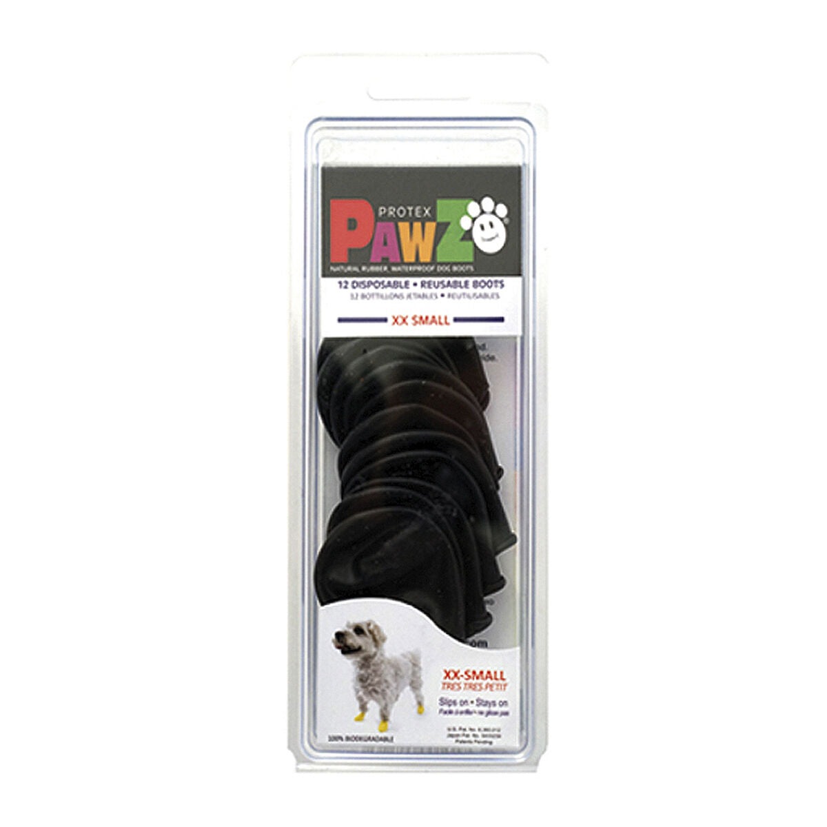 A pair of black Boots Pawz Dog boots in size XXS, made from natural rubber, designed to protect small dogs' paws.