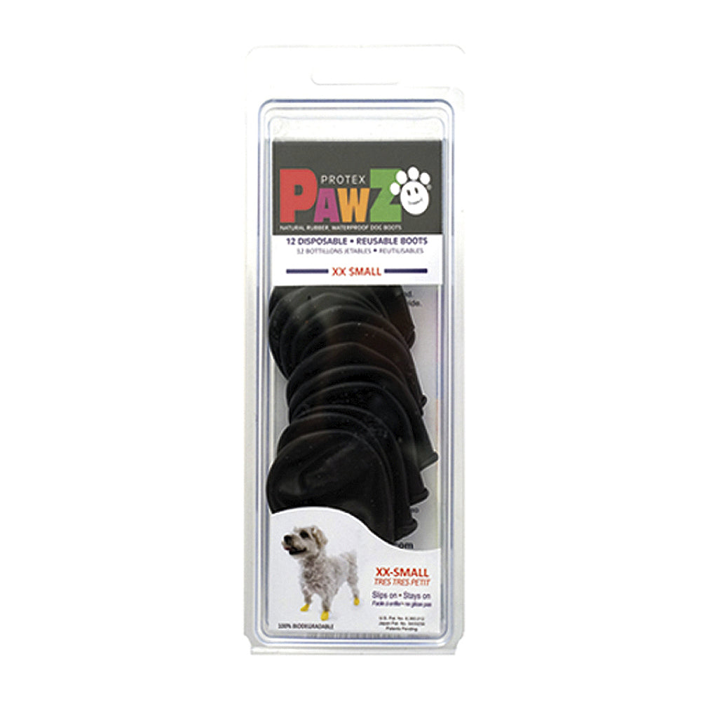A pair of black Boots Pawz Dog boots in size XXS, made from natural rubber, designed to protect small dogs' paws.