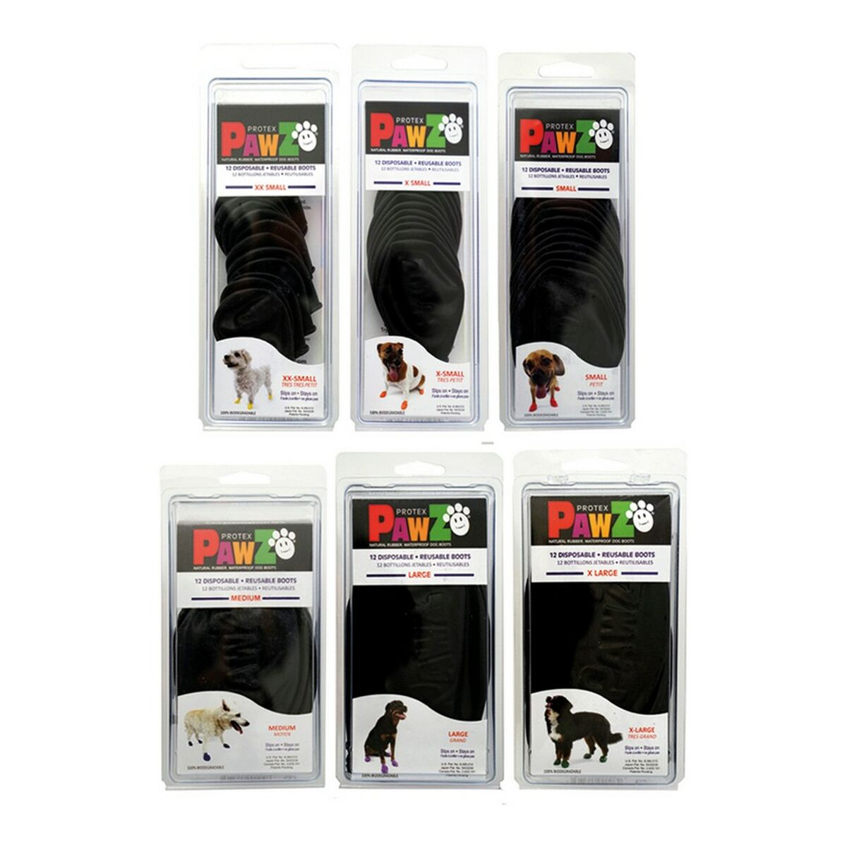 A pair of black Boots Pawz Dog boots in size XXS, made from natural rubber, designed to protect small dogs' paws.