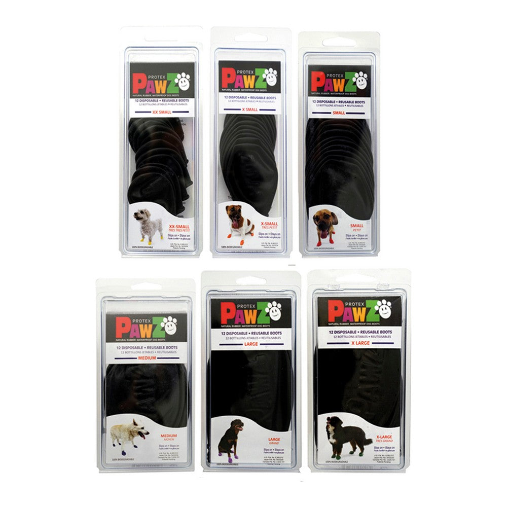 A pair of black Boots Pawz Dog boots in size XXS, made from natural rubber, designed to protect small dogs' paws.