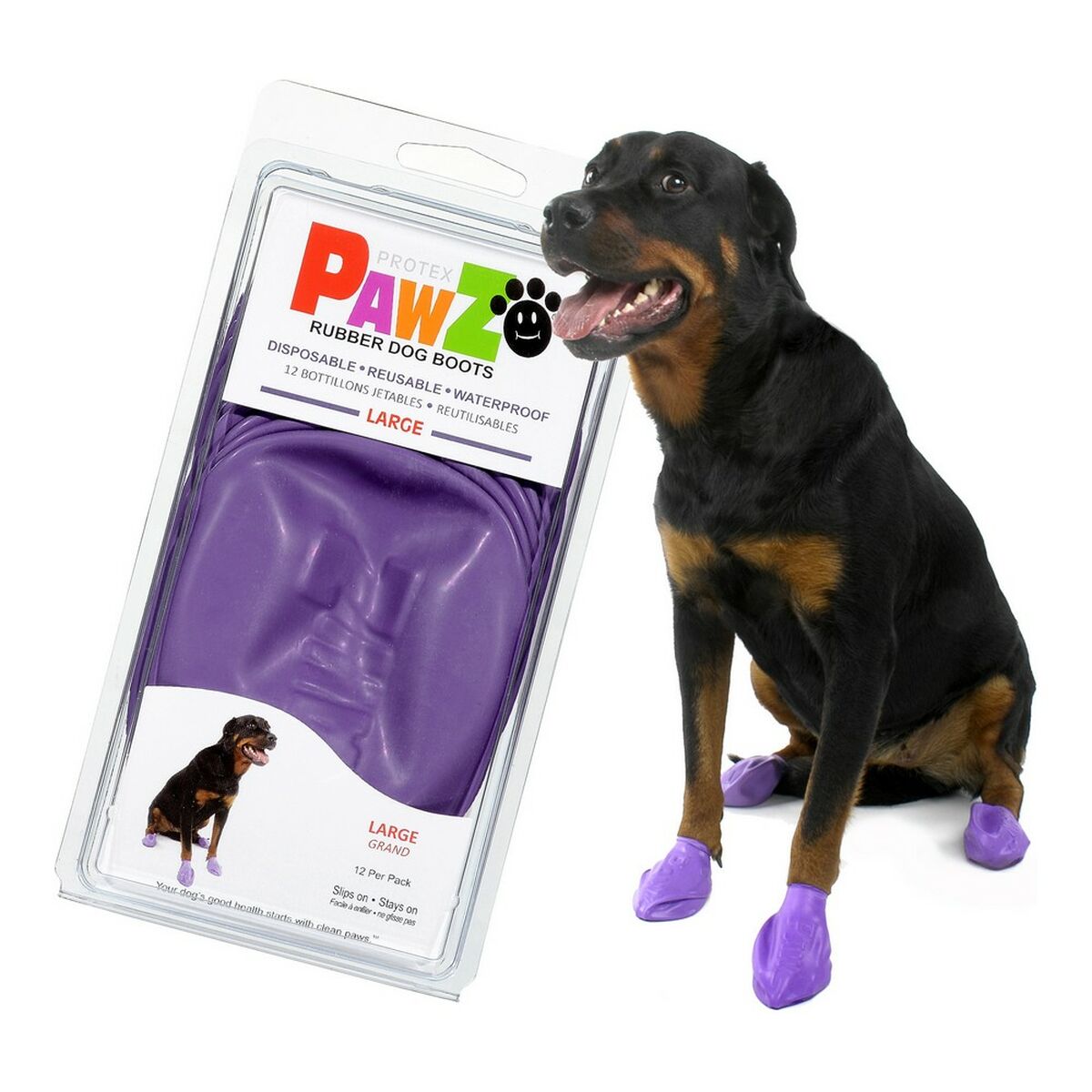 Purple Boots Pawz Dog boots in size L, made of natural rubber, designed for protecting dog's paws during outdoor activities.