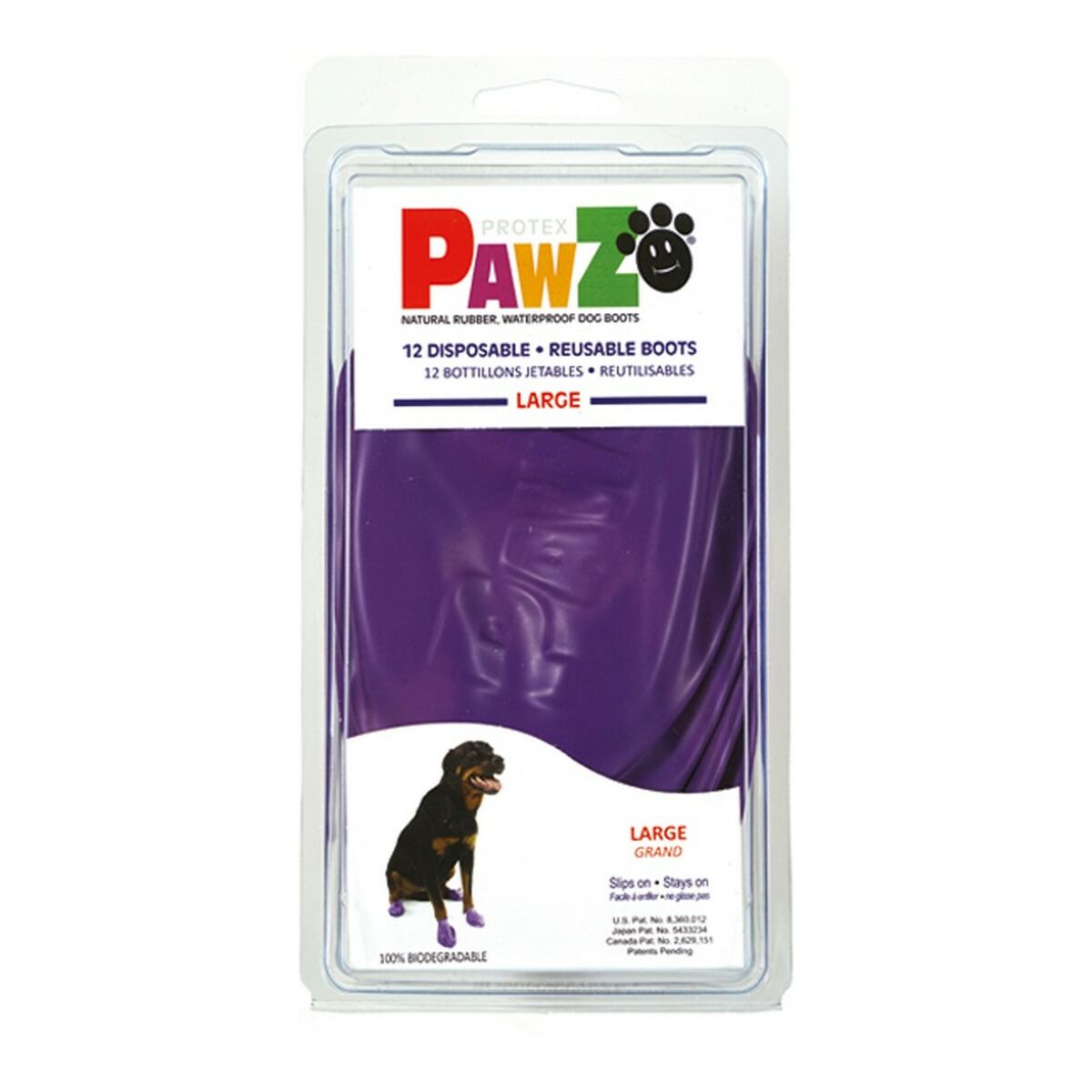 Purple Boots Pawz Dog boots in size L, made of natural rubber, designed for protecting dog's paws during outdoor activities.