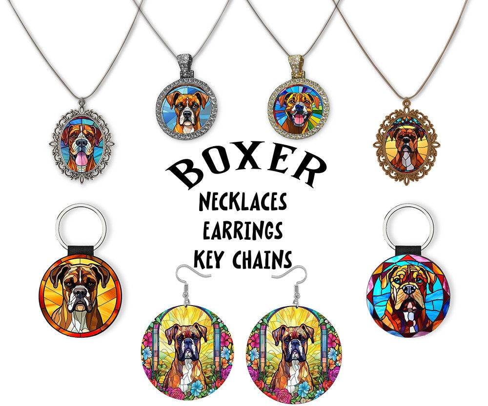 Stained glass style Boxer jewelry including necklaces and earrings, showcasing vibrant colors and intricate designs.