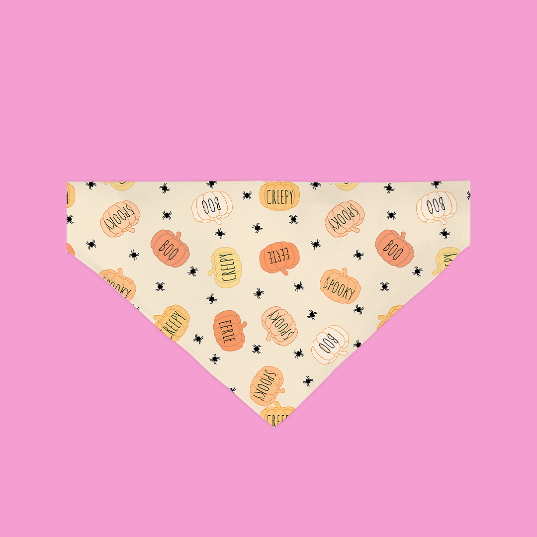 A stylish Boo-Yah Bandana for dogs, featuring a cute Halloween design, made from ultra-soft polyester fabric, perfect for festive occasions.