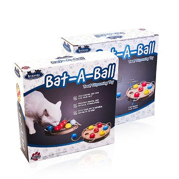 Brainiac Bat-A-Ball™ Interactive Pet Toy featuring seven wooden balls and treat chambers for engaging pet play.