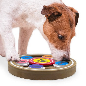 Brainiac Disc-O Treat Dispensing Pet Toy with six sliding disks and five treat compartments, designed for dog engagement and mental stimulation.