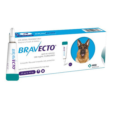 Bravecto Spot-On pipette for large dogs, designed for flea and tick prevention, featuring a clear label and easy-to-use applicator.