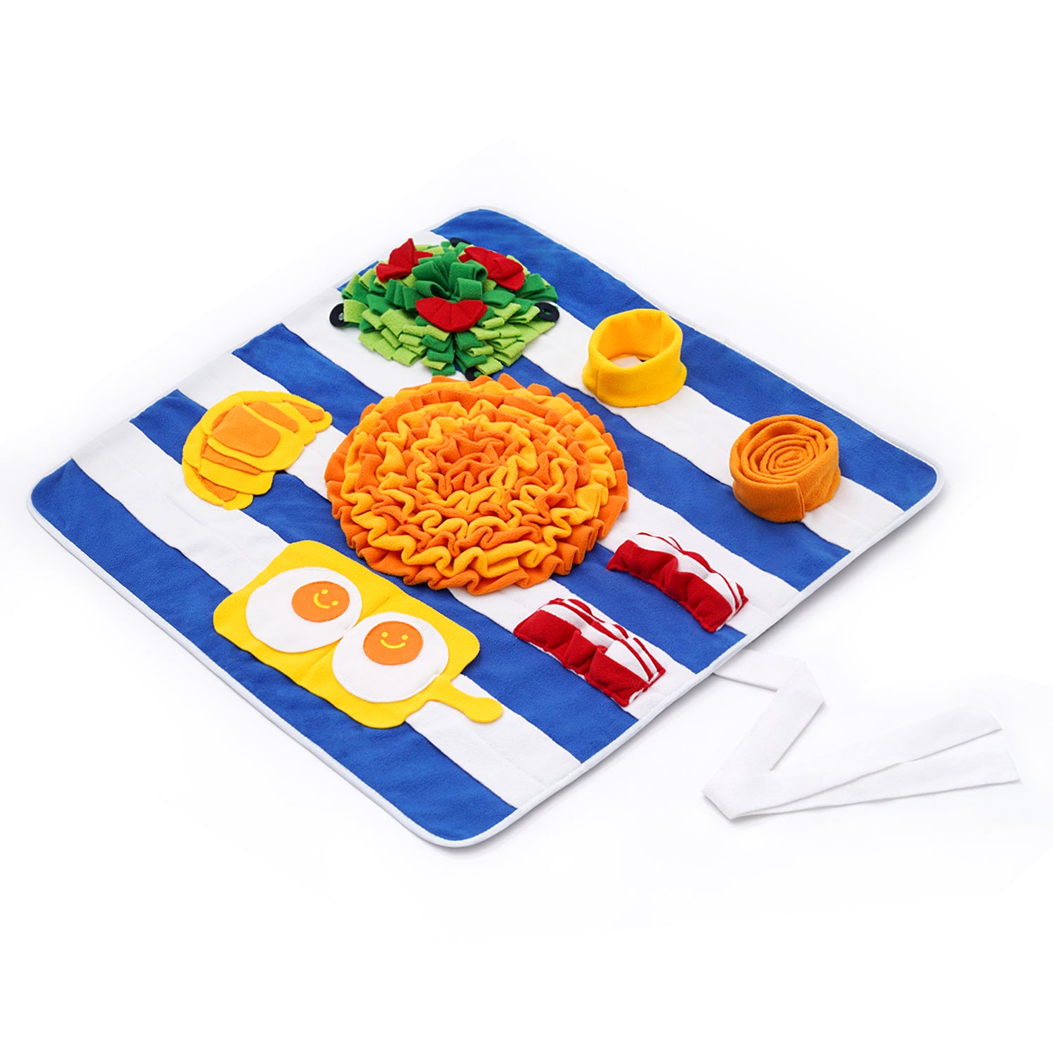 A colorful Breakfast Snuffle Mat designed for dogs, featuring various textures and hiding spots for treats, promoting slow feeding and mental stimulation.