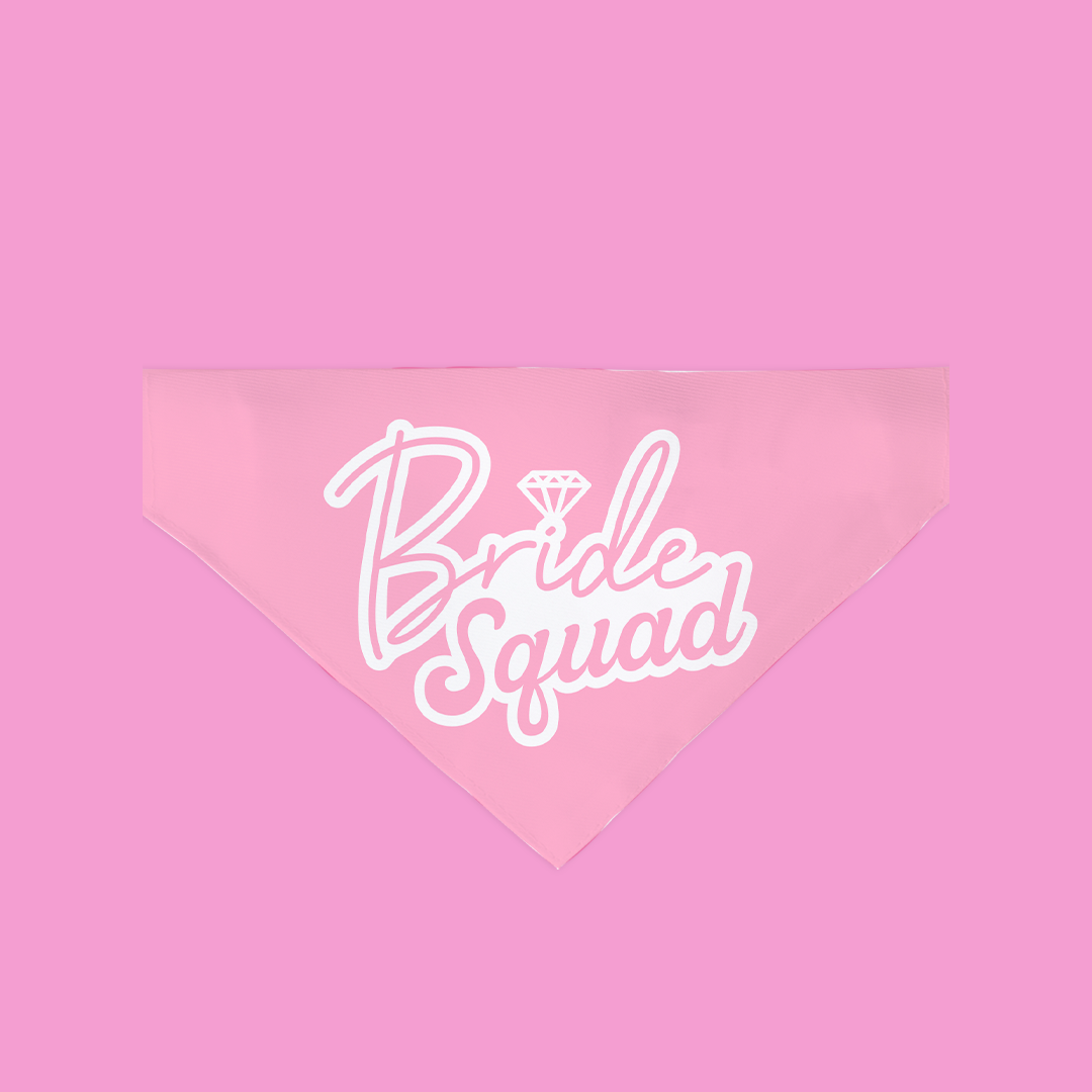 Bride Squad Dog Bandana featuring a stylish design, made from ultra-soft polyester fabric, perfect for weddings and special occasions.