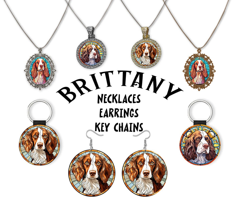 Stained glass style jewelry featuring Brittany dog breed designs, including necklaces and earrings in silver and gold finishes.