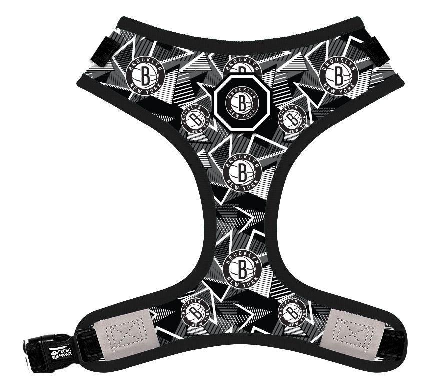Brooklyn Nets x Fresh Pawz adjustable mesh harness featuring the Brooklyn Nets logo, designed for pet comfort and style.