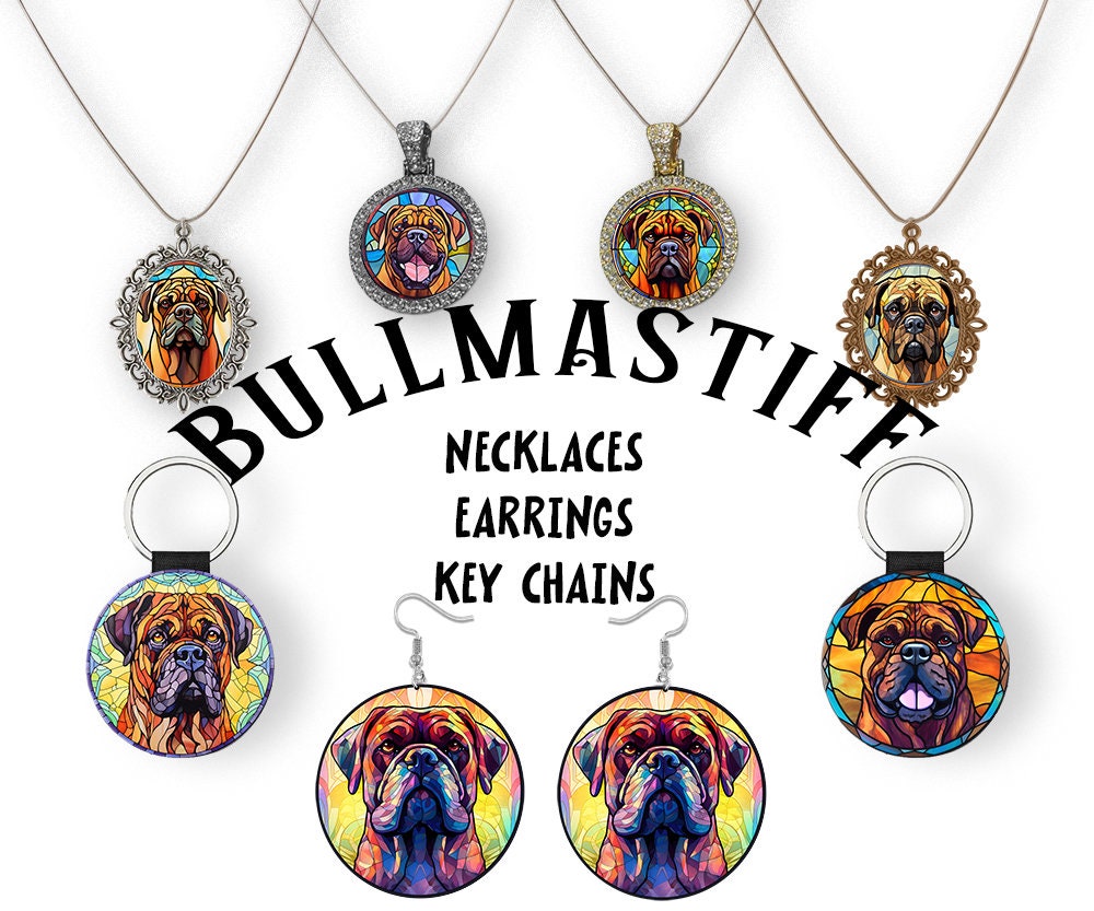 Stained glass style jewelry featuring Bullmastiff designs in silver and gold, including necklaces and earrings.