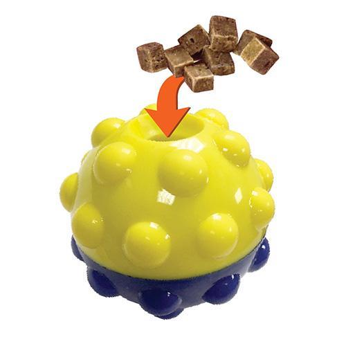 Bumper Treat Ball for dogs in two sizes, showcasing its bumpy texture and treat dispensing feature.