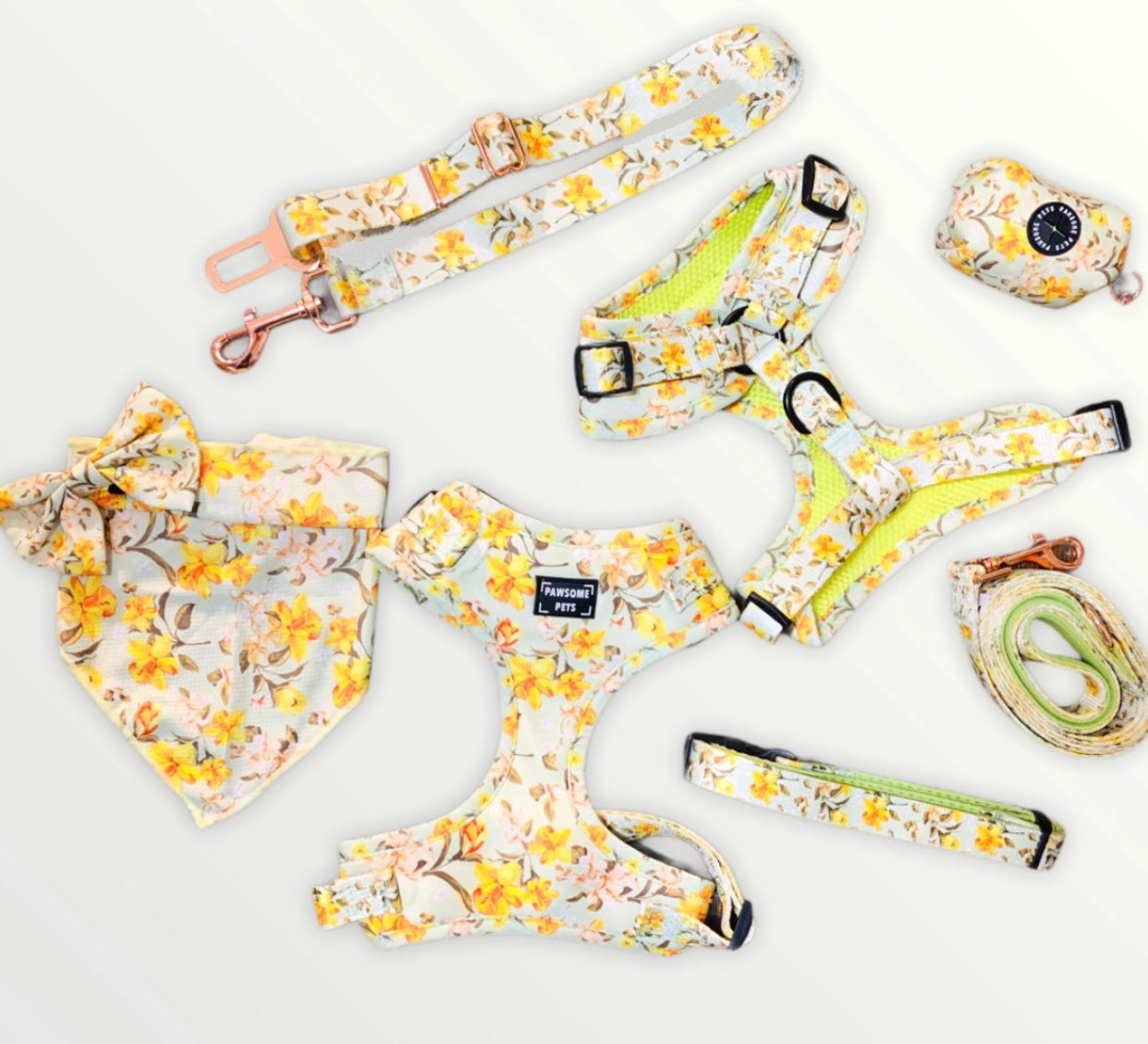 BUNDLE - FORSYTHIA FLOWER featuring adjustable harness, leash, collar, waste bag holder, bowtie, and bandana in vibrant colors.