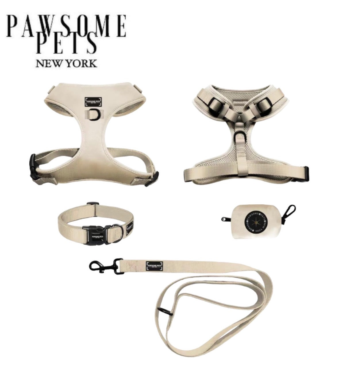 BUNDLE - GOLD walking set for pets, featuring a luxurious silk harness, matching collar, leash, bowtie, and waste bag holder in elegant design.