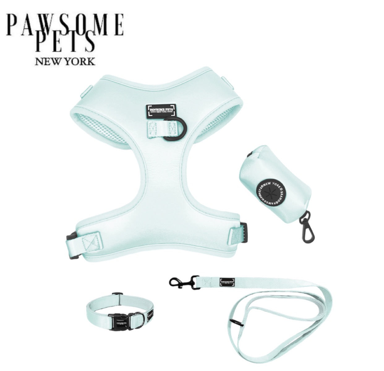 BUNDLE - ICE BLUE walking set featuring a silk harness, collar, leash, bowtie, and waste bag holder, designed for pets of all sizes.