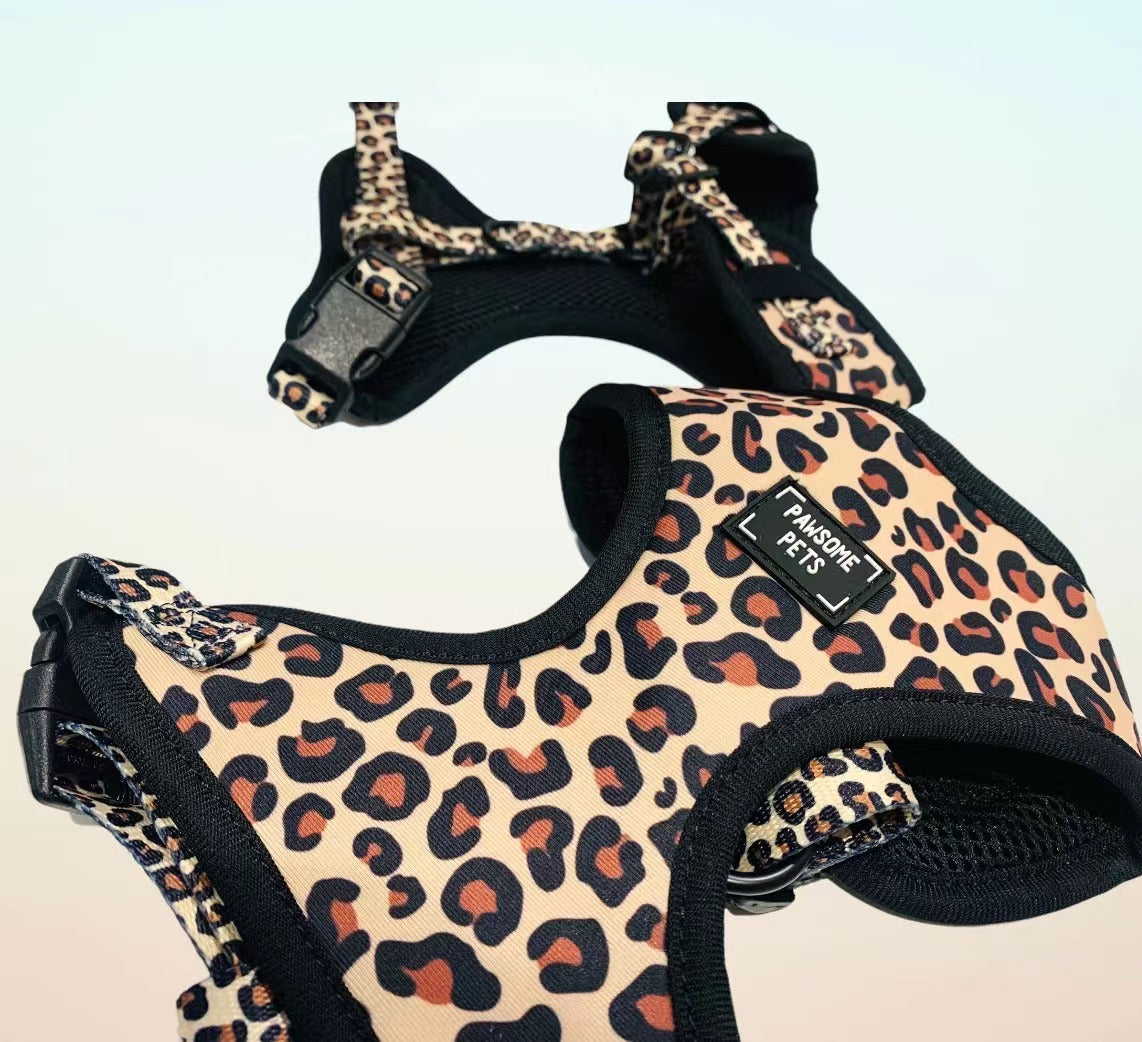 BUNDLE - LEOPARD dog walking set featuring a harness, collar, lead, and poop bag holder in stylish leopard print design.