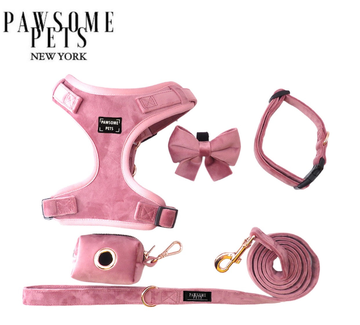 Light pink pet walking set including harness, collar, leash, bowtie, and waste bag holder, designed for comfort and style.