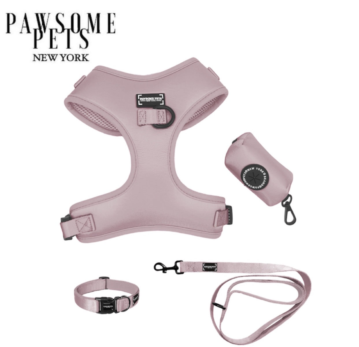Light purple pet walking set including a harness, collar, leash, bowtie, and waste bag holder, all made from luxurious silk and durable neoprene.