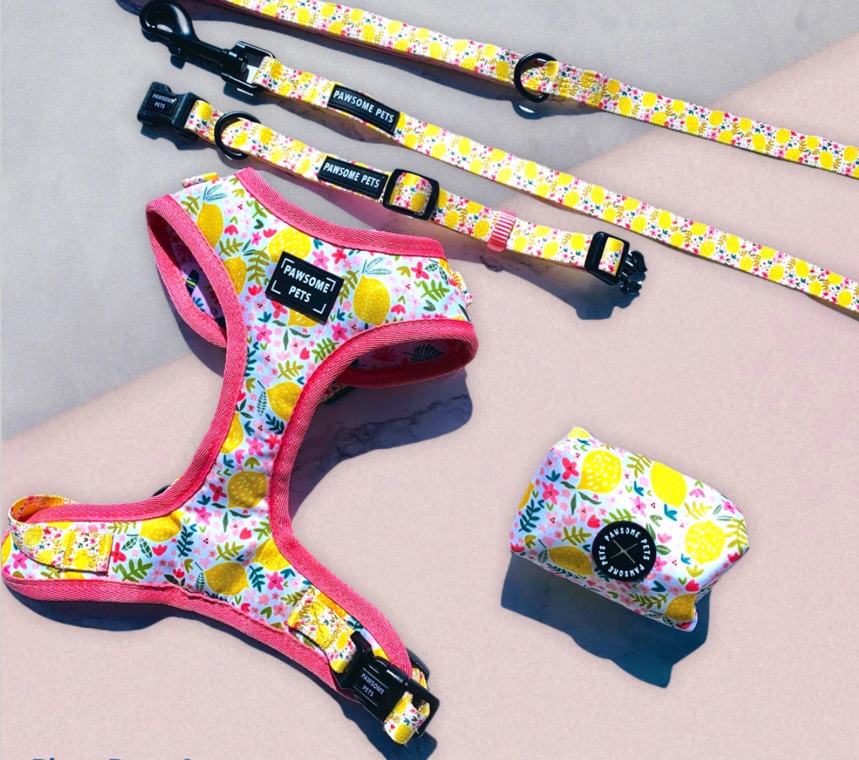 BUNDLE - OH MY LEMON dog walking set featuring a harness, collar, lead, and poop bag holder in vibrant lemon color.