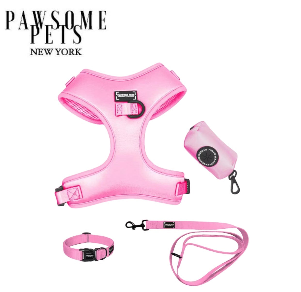 Pawsome Pets New York BUNDLE - PINK featuring a luxurious silk harness, collar, leash, bowtie, and waste bag holder, perfect for stylish pets.