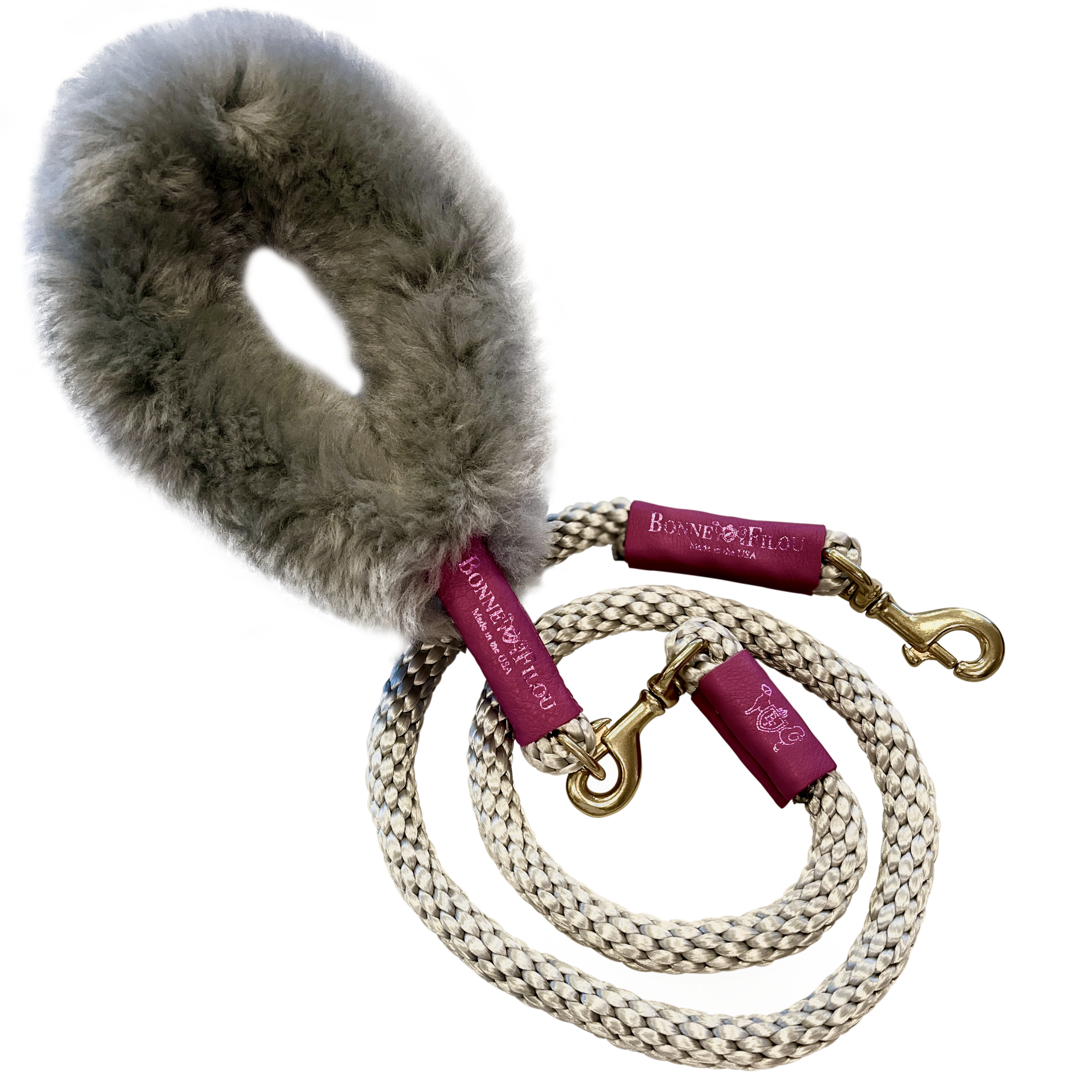 Bundle Shearling Fur Grip and Rope Leash for Dogs, featuring luxurious shearling grip and durable nylon leash in a stylish design.