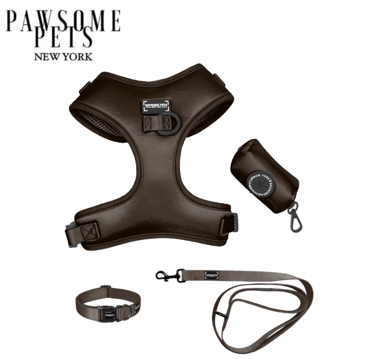 Pawsome Pets New York Bundle featuring a silk dark brown harness, collar, leash, bowtie, and waste bag holder, showcasing luxury and style for pets.