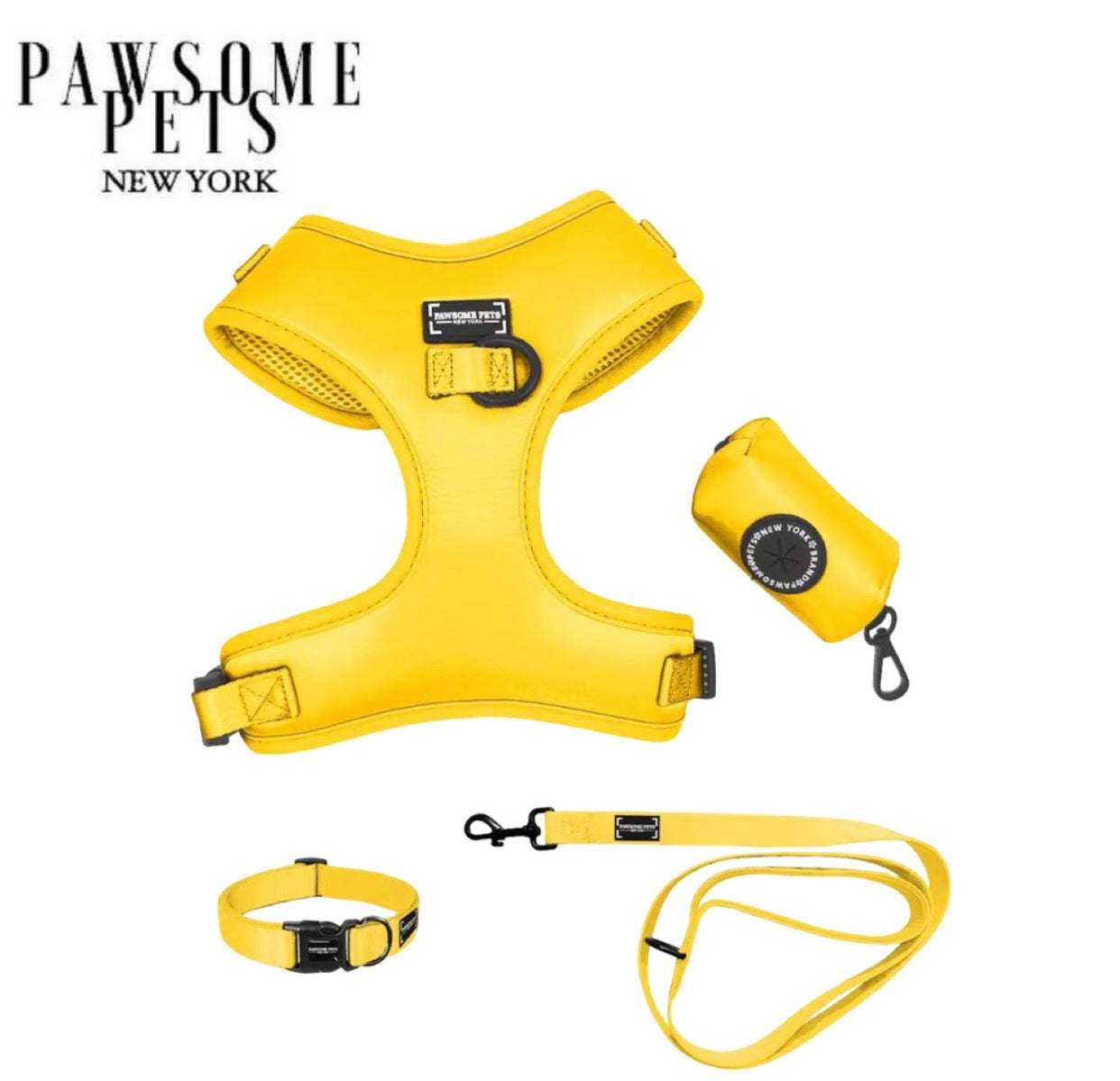 BUNDLE - SILK YELLOW pet walking set featuring a luxurious silk harness, collar, leash, bowtie, and waste bag holder in vibrant yellow.