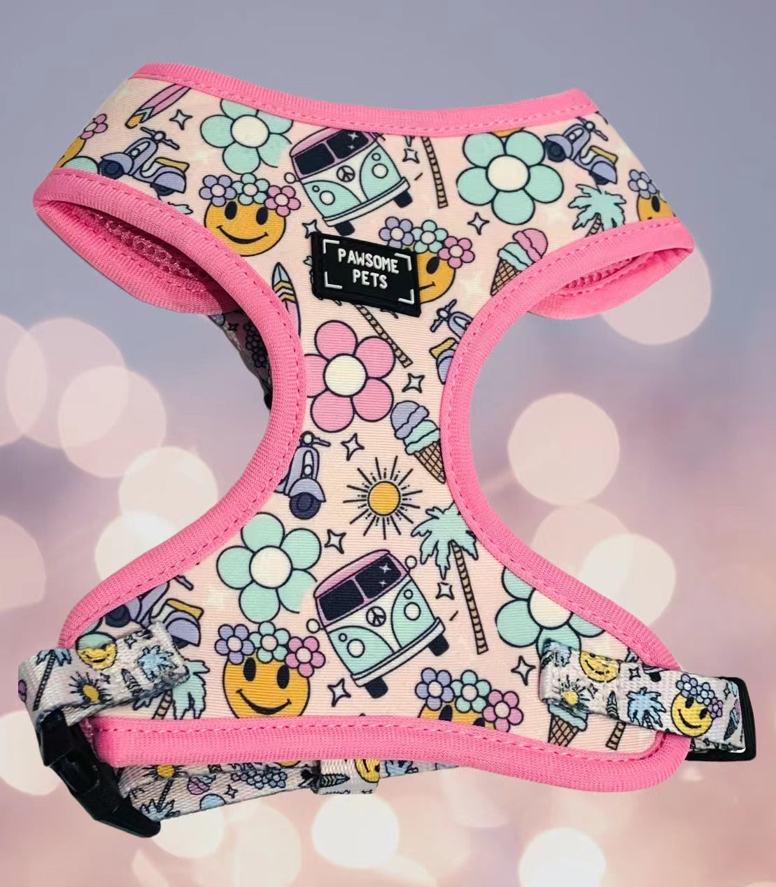 A complete dog walking set including a harness, collar, lead, and poop bag holder, designed for comfort and style in various sizes.