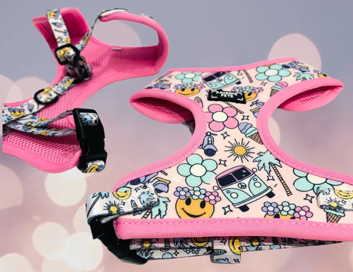 A complete dog walking set including a harness, collar, lead, and poop bag holder, designed for comfort and style in various sizes.