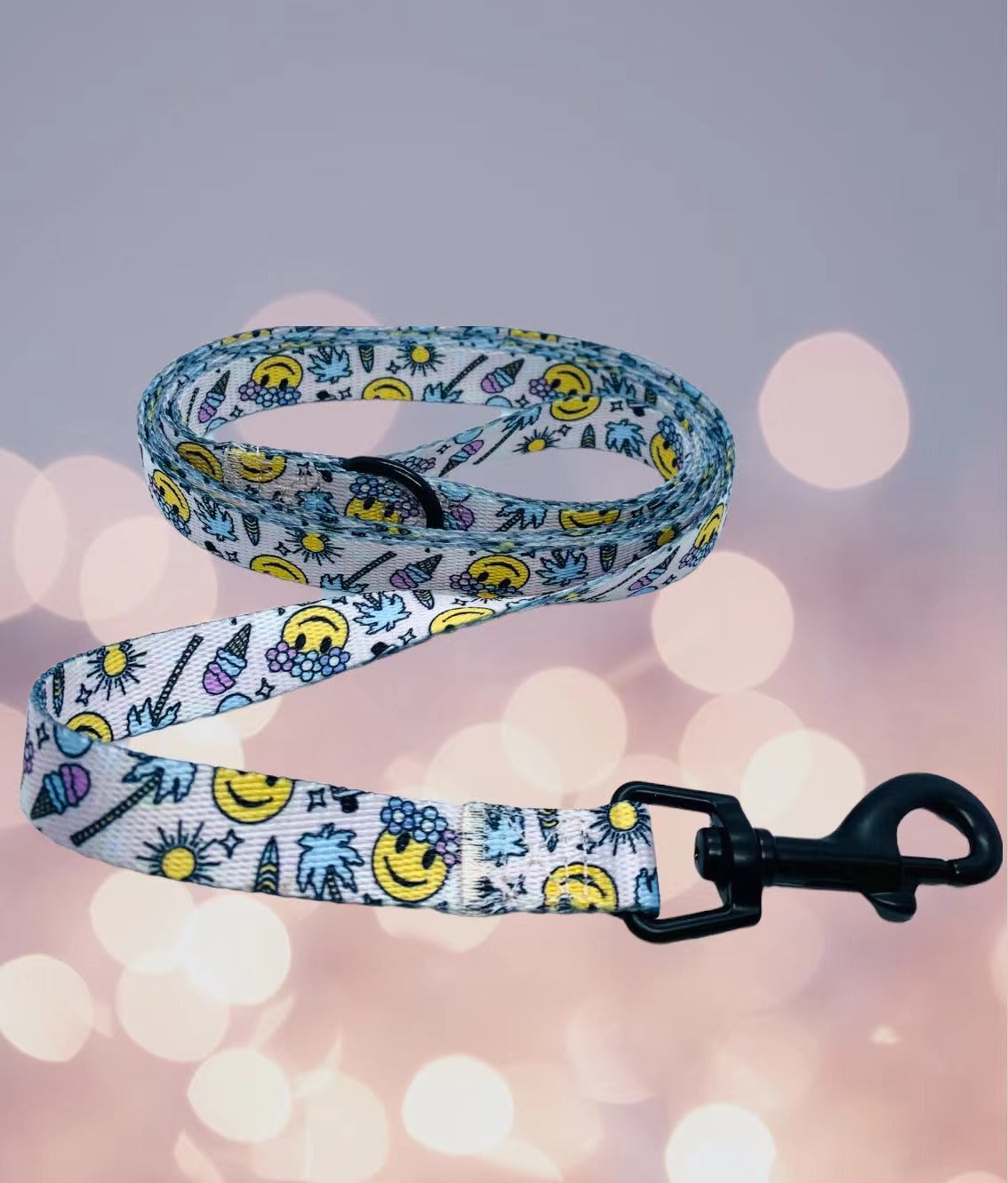 A complete dog walking set including a harness, collar, lead, and poop bag holder, designed for comfort and style in various sizes.