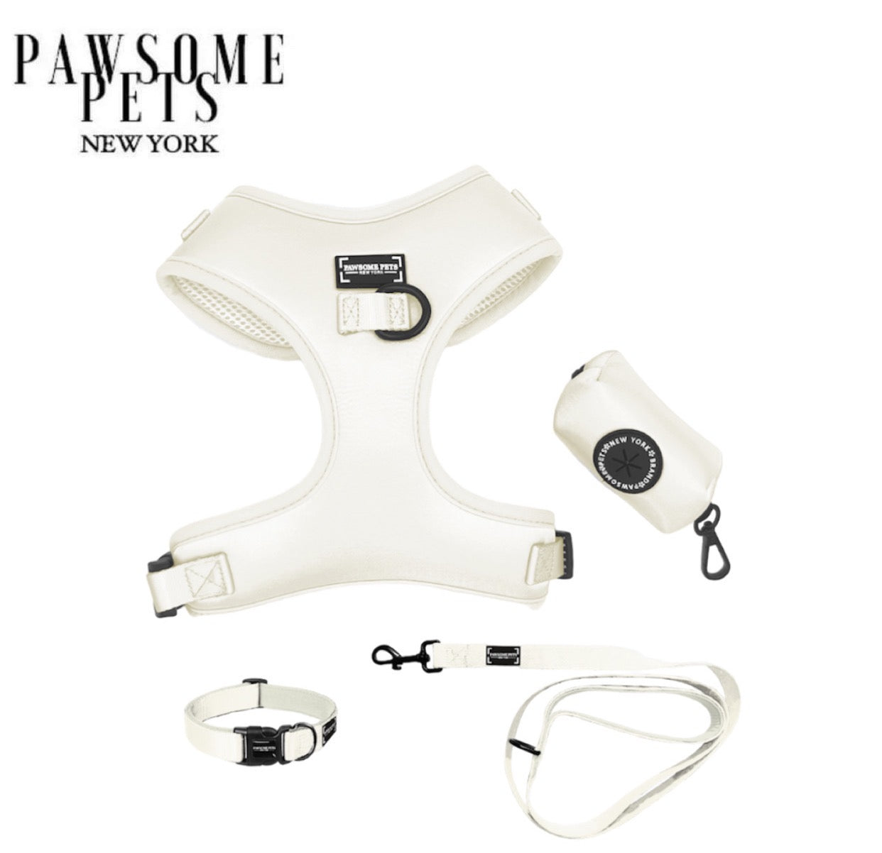BUNDLE - WHITE walking set featuring a luxurious silk harness, collar, leash, bowtie, and waste bag holder for pets.